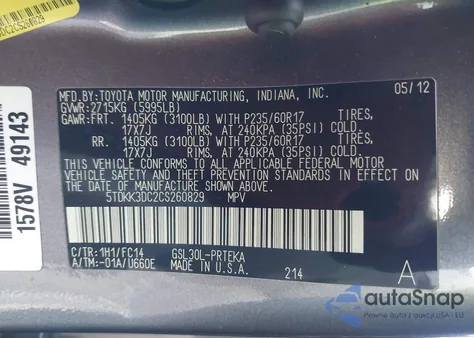 2012 Toyota Sienna Le V6 8 Passenger from USA, damaged, VIN 5TDKK3DC2CS260829